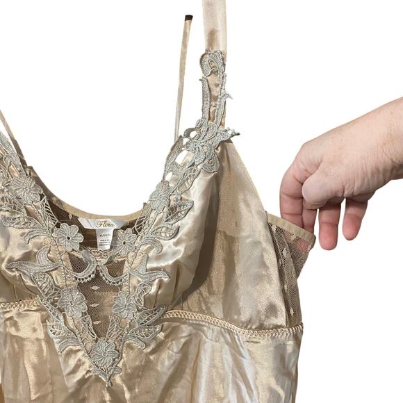 Flora Satin Chemise Slip Dress XL Champagne Silver Lace Sheer Mesh Back - Picture 5 of 8